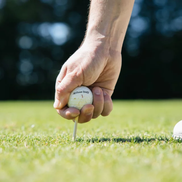 Main de golfeur installant sa balle