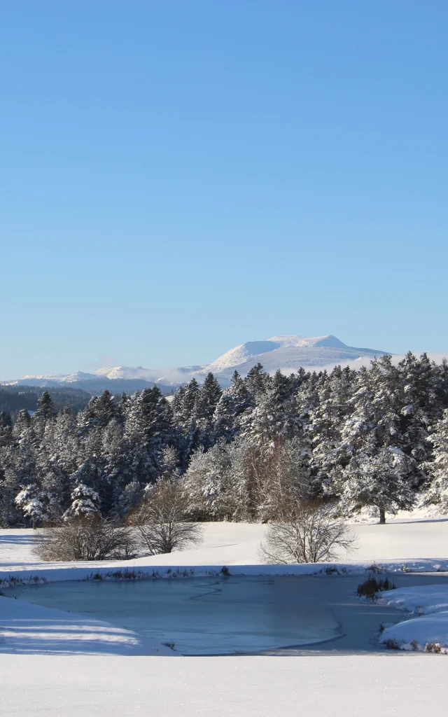 Snow-covered Mezenc from the golf course at Chambon-sur-Lignon